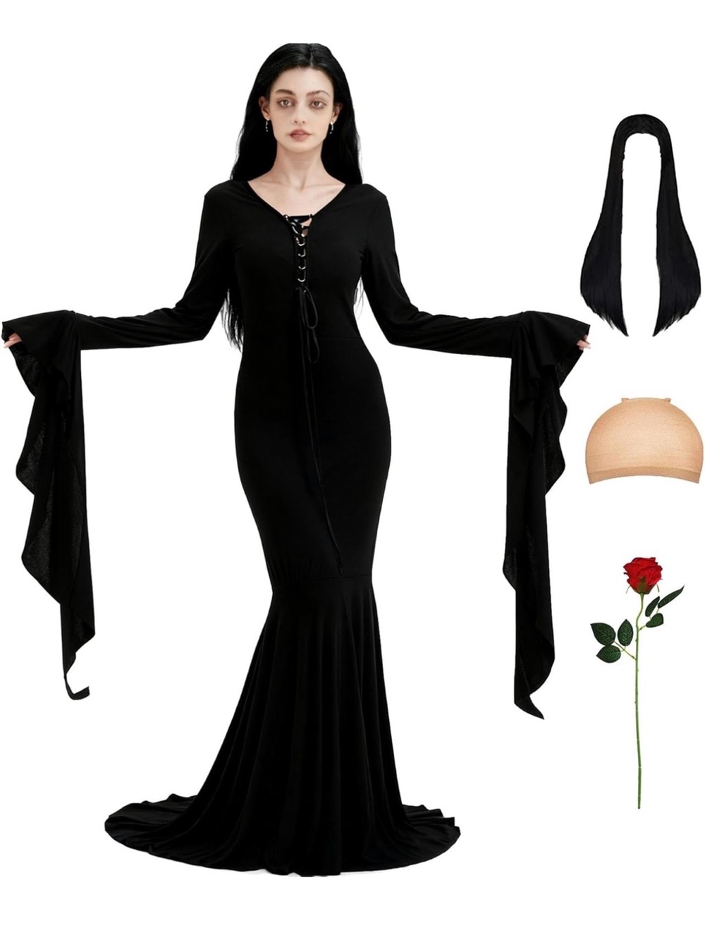 Morticia Black Lace-Up Gothic Maxi Dress - Halloween Costume